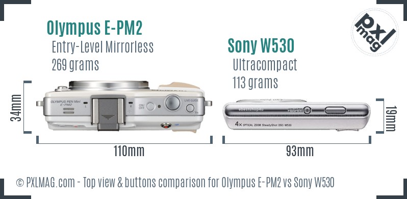 Olympus E-PM2 vs Sony W530 top view buttons comparison