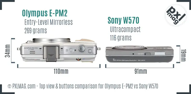 Olympus E-PM2 vs Sony W570 top view buttons comparison Olympus E-PM2 vs Sony W570 top view buttons comparison