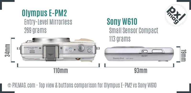 Olympus E-PM2 vs Sony W610 top view buttons comparison