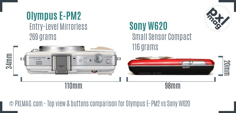 Olympus E-PM2 vs Sony W620 top view buttons comparison