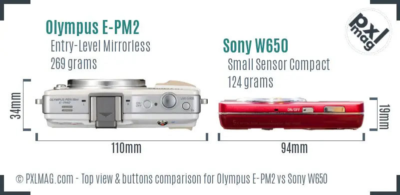 Olympus E-PM2 vs Sony W650 top view buttons comparison