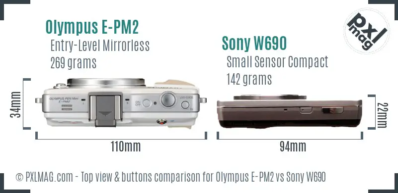 Olympus E-PM2 vs Sony W690 top view buttons comparison