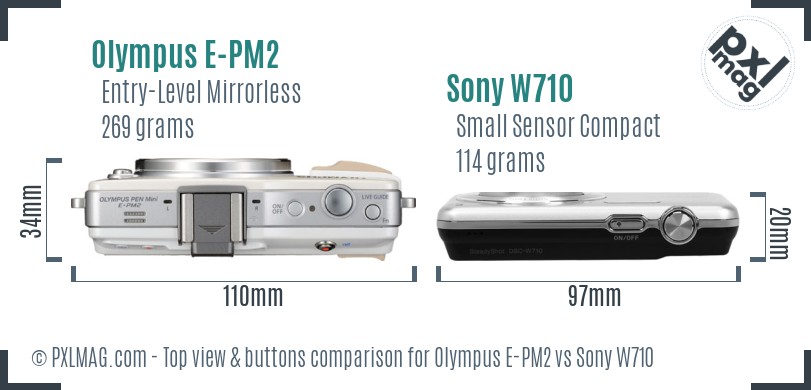 Olympus E-PM2 vs Sony W710 top view buttons comparison