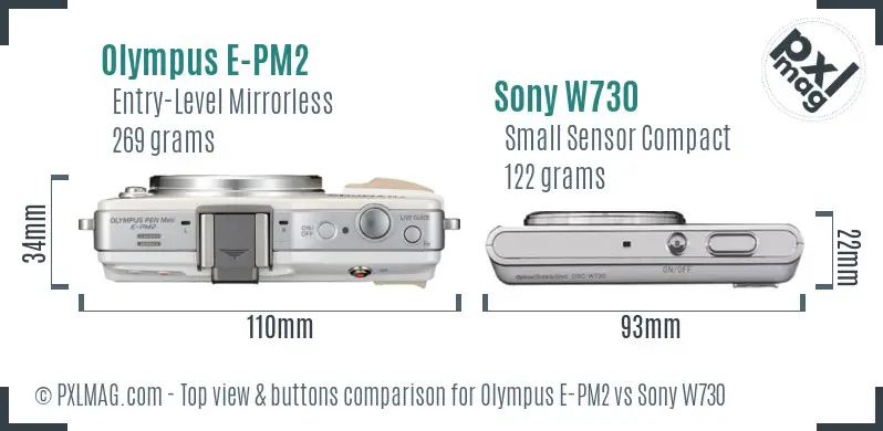 Olympus E-PM2 vs Sony W730 top view buttons comparison Olympus E-PM2 vs Sony W730 top view buttons comparison