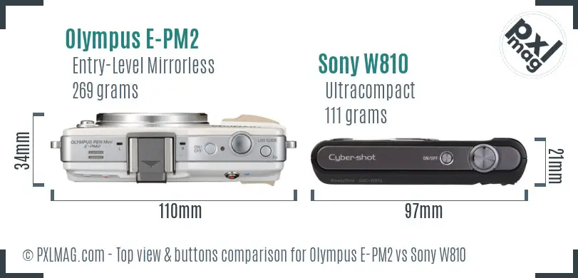 Olympus E-PM2 vs Sony W810 top view buttons comparison Olympus E-PM2 vs Sony W810 top view buttons comparison