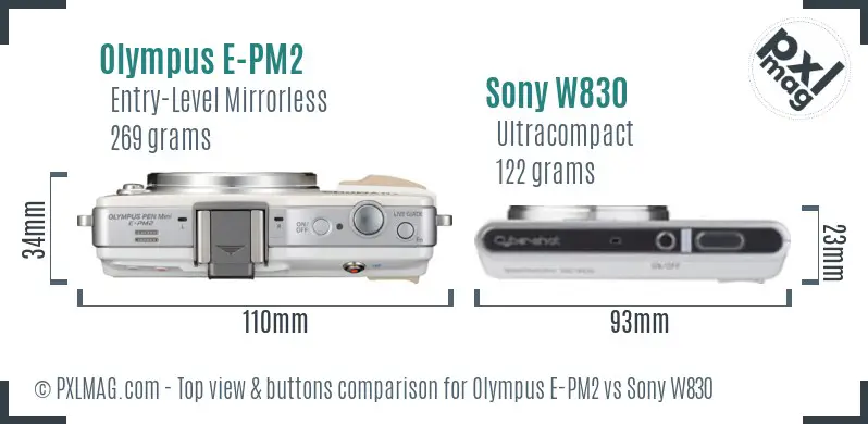 Olympus E-PM2 vs Sony W830 top view buttons comparison