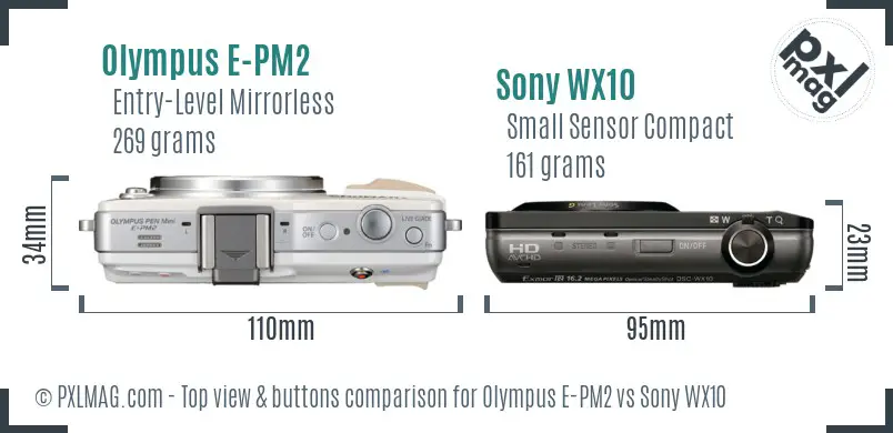 Olympus E-PM2 vs Sony WX10 top view buttons comparison