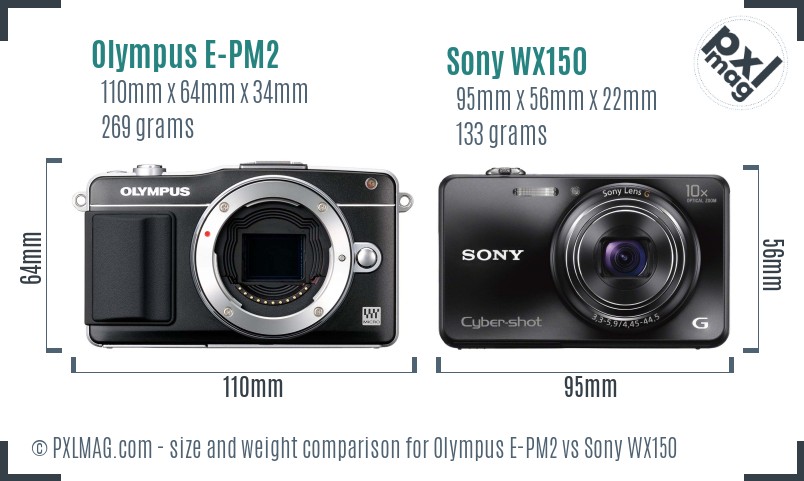 Olympus E-PM2 vs Sony WX150 size comparison