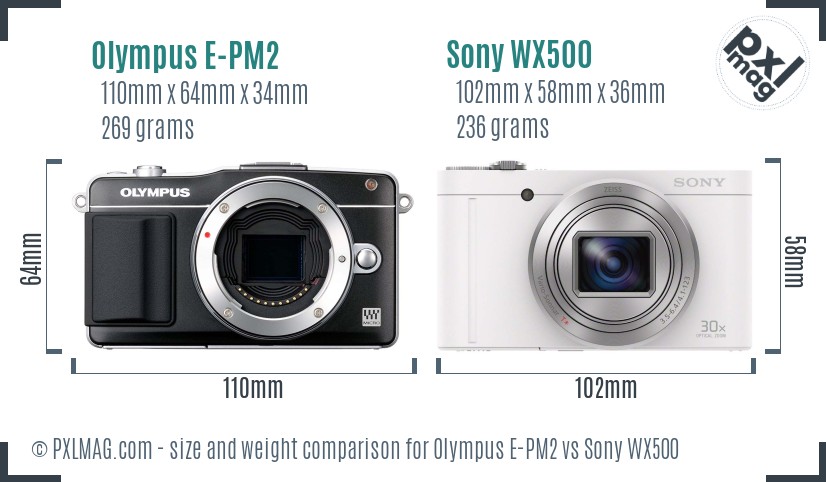 Olympus E-PM2 vs Sony WX500 size comparison
