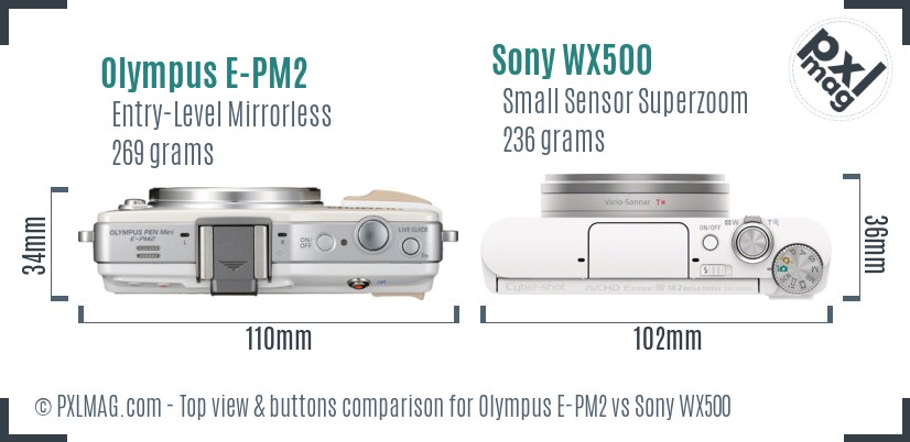 Olympus E-PM2 vs Sony WX500 top view buttons comparison
