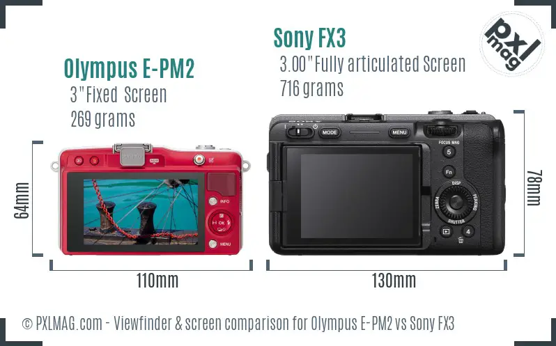 Olympus E-PM2 vs Sony FX3 Screen and Viewfinder comparison