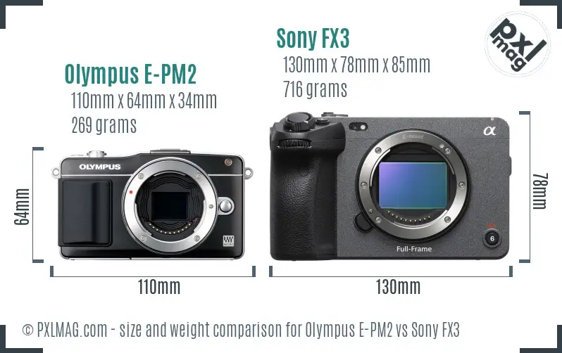 Olympus E-PM2 vs Sony FX3 size comparison
