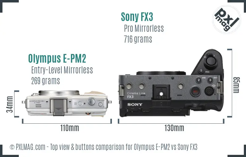 Olympus E-PM2 vs Sony FX3 top view buttons comparison