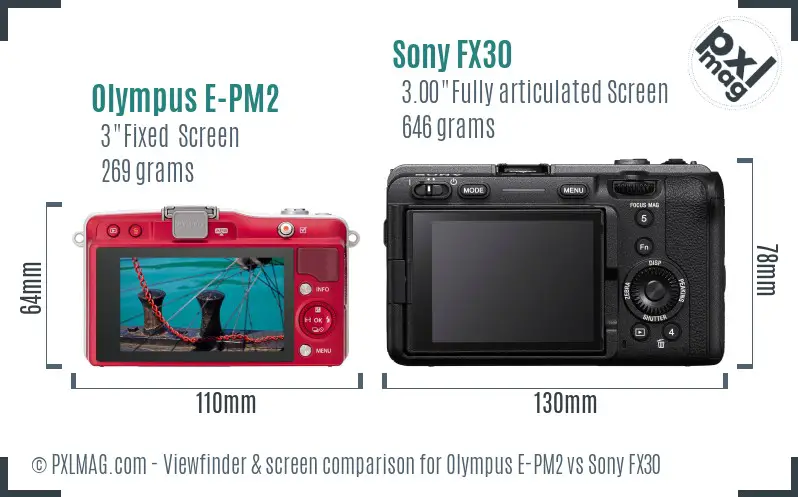 Olympus E-PM2 vs Sony FX30 Screen and Viewfinder comparison
