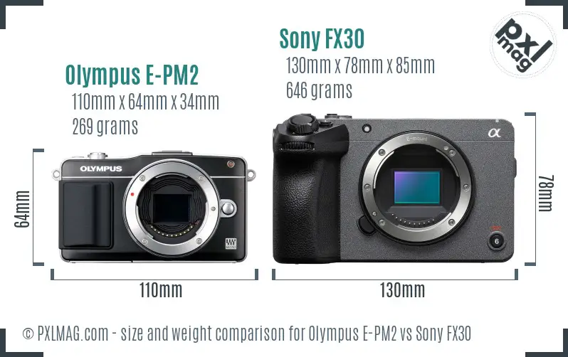 Olympus E-PM2 vs Sony FX30 size comparison
