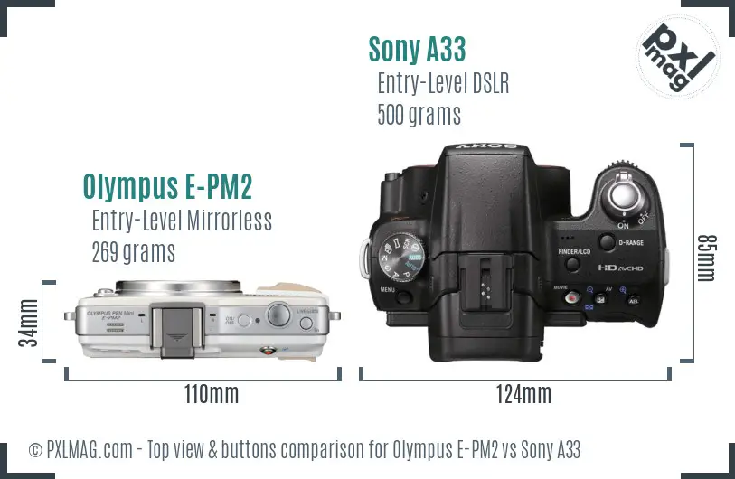 Olympus E-PM2 vs Sony A33 top view buttons comparison