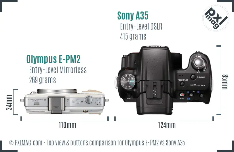 Olympus E-PM2 vs Sony A35 top view buttons comparison Olympus E-PM2 vs Sony A35 top view buttons comparison