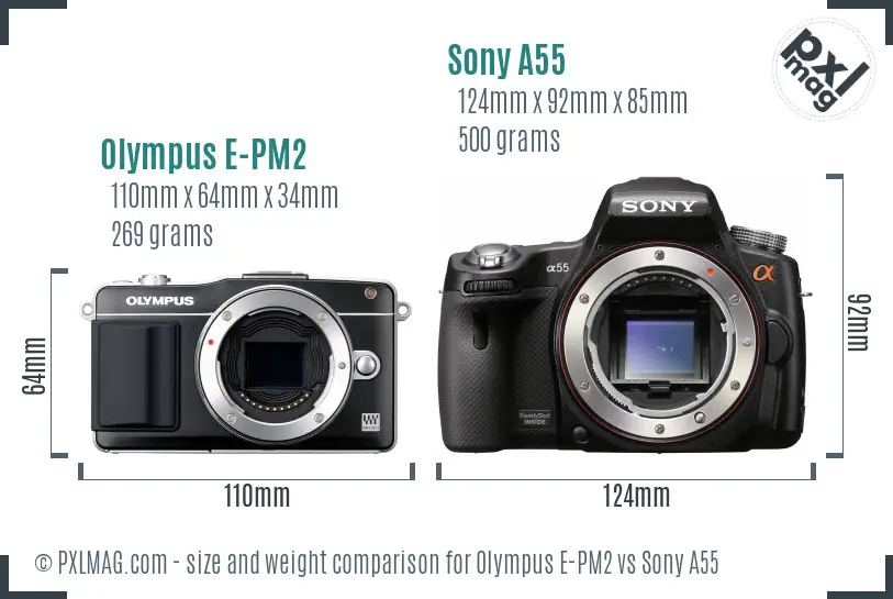 Olympus E-PM2 vs Sony A55 size comparison