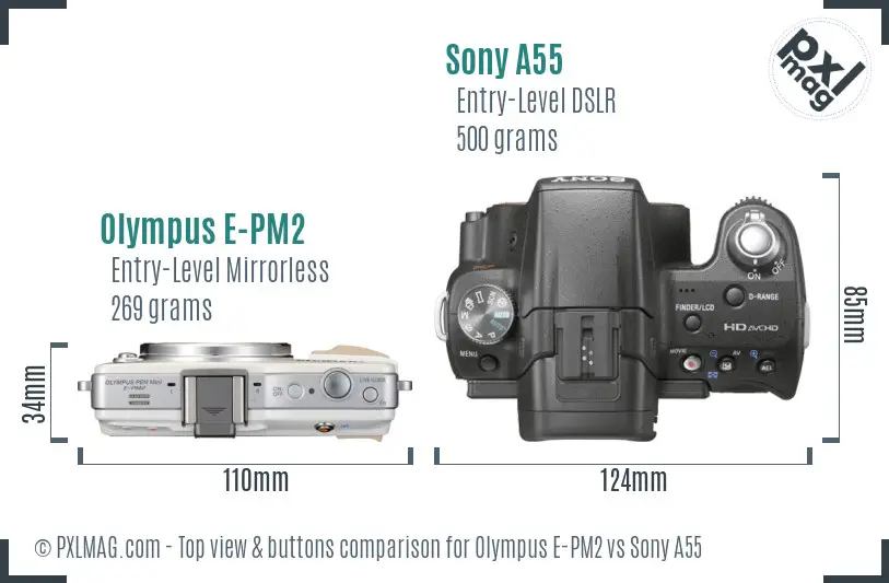 Olympus E-PM2 vs Sony A55 top view buttons comparison