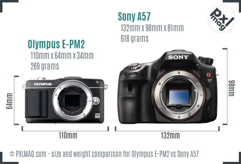 Olympus E-PM2 vs Sony A57 size comparison
