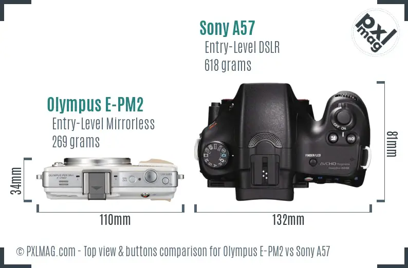 Olympus E-PM2 vs Sony A57 top view buttons comparison