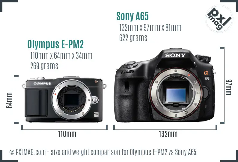 Olympus E-PM2 vs Sony A65 size comparison