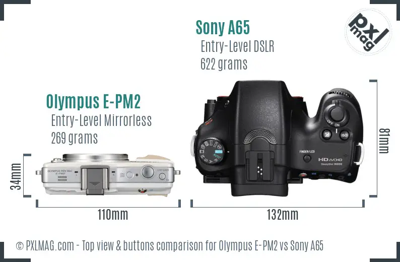 Olympus E-PM2 vs Sony A65 top view buttons comparison