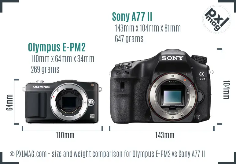 Olympus E-PM2 vs Sony A77 II size comparison Olympus E-PM2 vs Sony A77 II size comparison