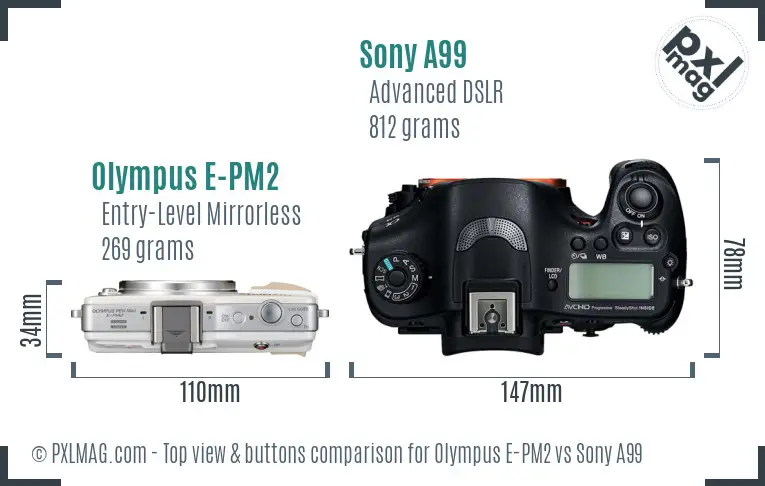 Olympus E-PM2 vs Sony A99 top view buttons comparison Olympus E-PM2 vs Sony A99 top view buttons comparison