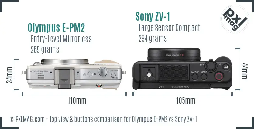 Olympus E-PM2 vs Sony ZV-1 top view buttons comparison Olympus E-PM2 vs Sony ZV-1 top view buttons comparison