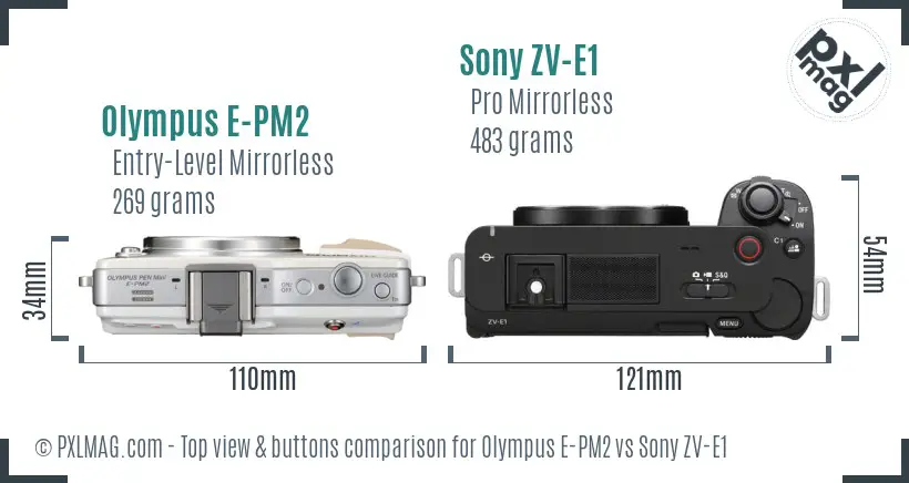 Olympus E-PM2 vs Sony ZV-E1 top view buttons comparison