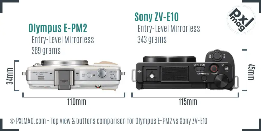 Olympus E-PM2 vs Sony ZV-E10 top view buttons comparison