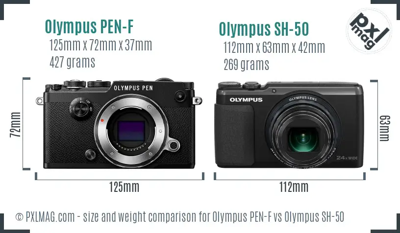 Olympus PEN-F vs Olympus SH-50 size comparison