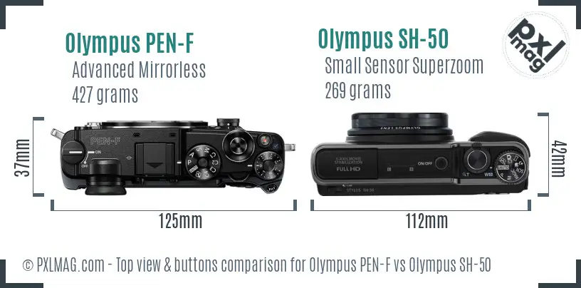 Olympus PEN-F vs Olympus SH-50 top view buttons comparison