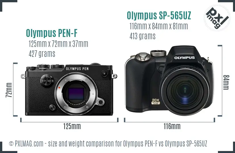 Olympus PEN-F vs Olympus SP-565UZ size comparison