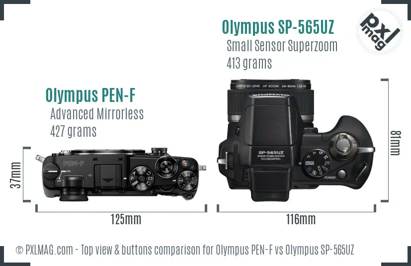 Olympus PEN-F vs Olympus SP-565UZ top view buttons comparison