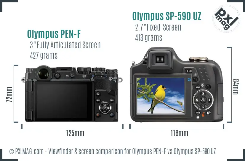 Olympus PEN-F vs Olympus SP-590 UZ Screen and Viewfinder comparison