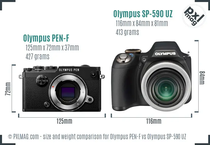 Olympus PEN-F vs Olympus SP-590 UZ size comparison