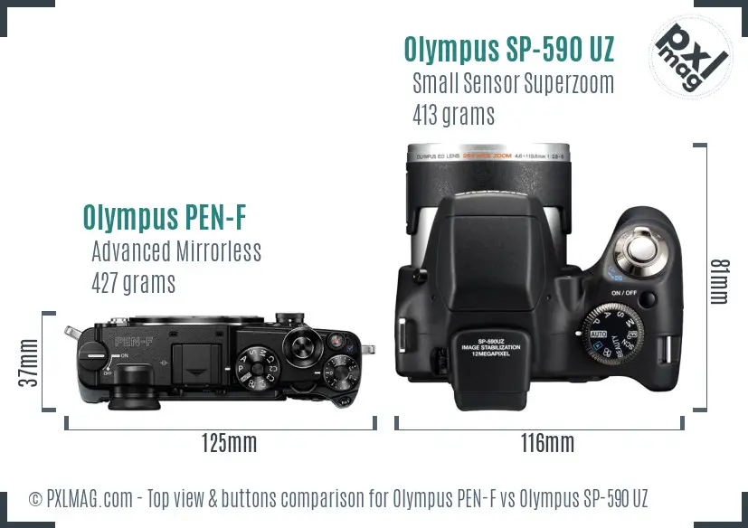 Olympus PEN-F vs Olympus SP-590 UZ top view buttons comparison