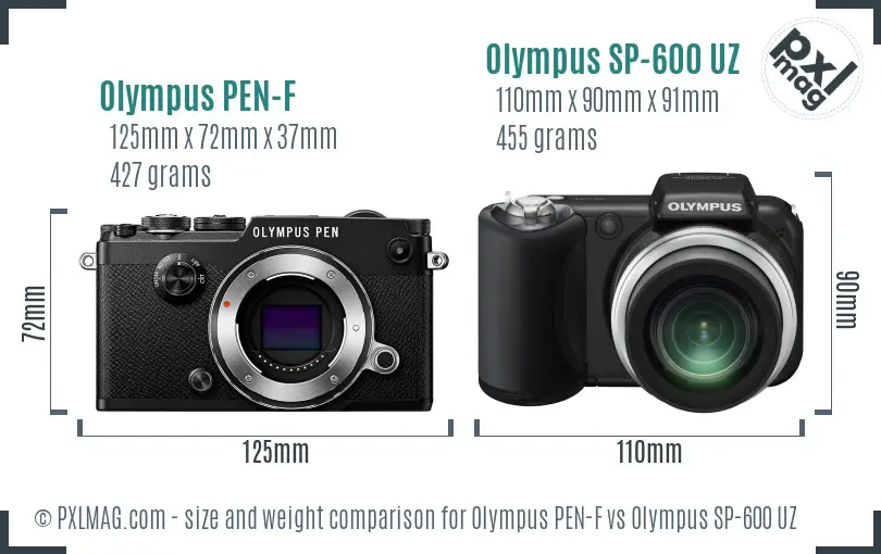 Olympus PEN-F vs Olympus SP-600 UZ size comparison