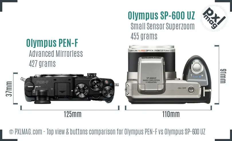 Olympus PEN-F vs Olympus SP-600 UZ top view buttons comparison