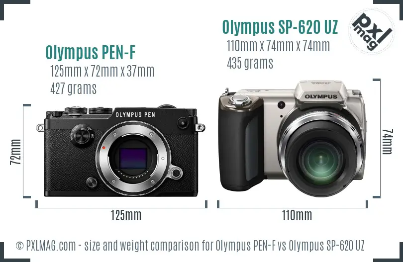 Olympus PEN-F vs Olympus SP-620 UZ size comparison