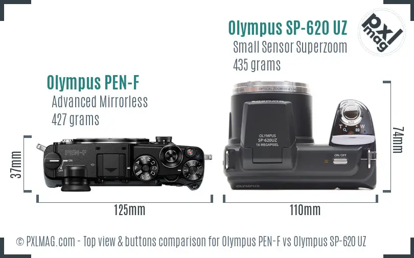 Olympus PEN-F vs Olympus SP-620 UZ top view buttons comparison
