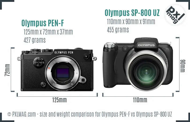 Olympus PEN-F vs Olympus SP-800 UZ size comparison