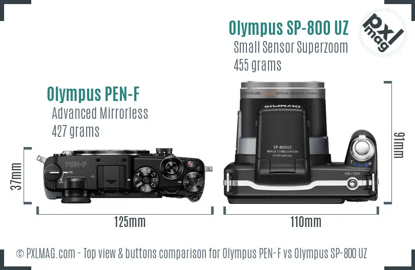 Olympus PEN-F vs Olympus SP-800 UZ top view buttons comparison