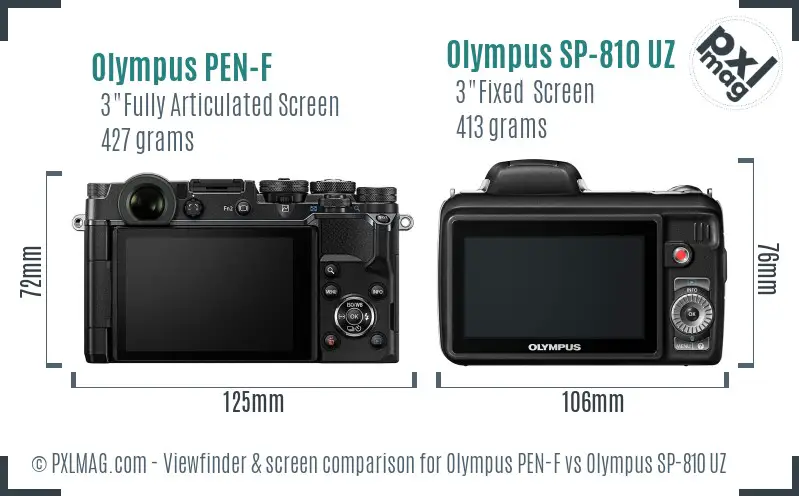 Olympus PEN-F vs Olympus SP-810 UZ Screen and Viewfinder comparison