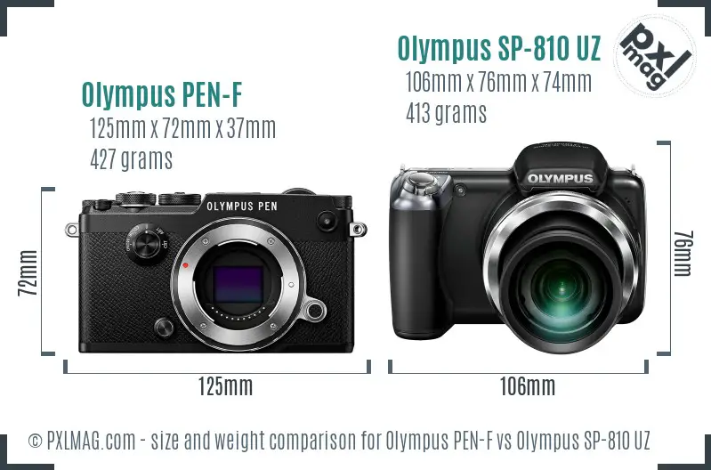 Olympus PEN-F vs Olympus SP-810 UZ size comparison