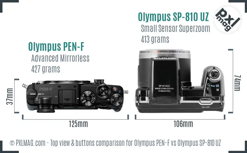 Olympus PEN-F vs Olympus SP-810 UZ top view buttons comparison