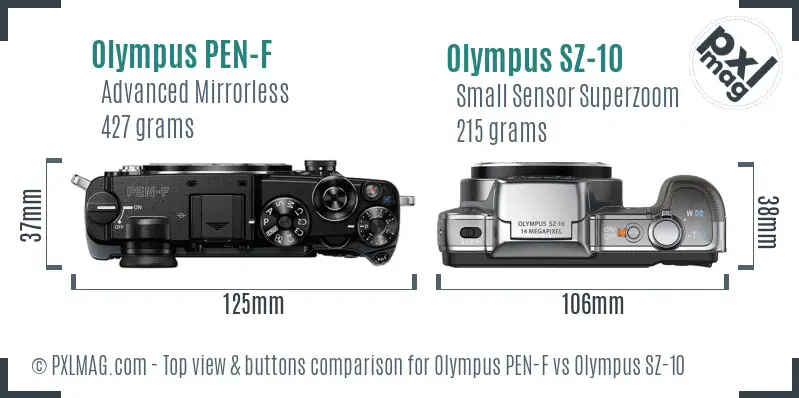 Olympus PEN-F vs Olympus SZ-10 top view buttons comparison
