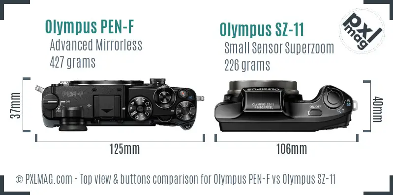 Olympus PEN-F vs Olympus SZ-11 top view buttons comparison